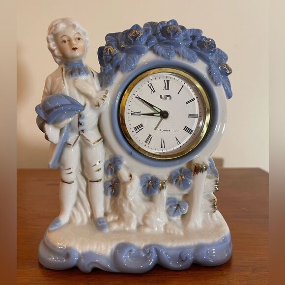 Vintage Victorian style mantle clock || Made in Japan || Blue and white doll - Picture 1 of 12